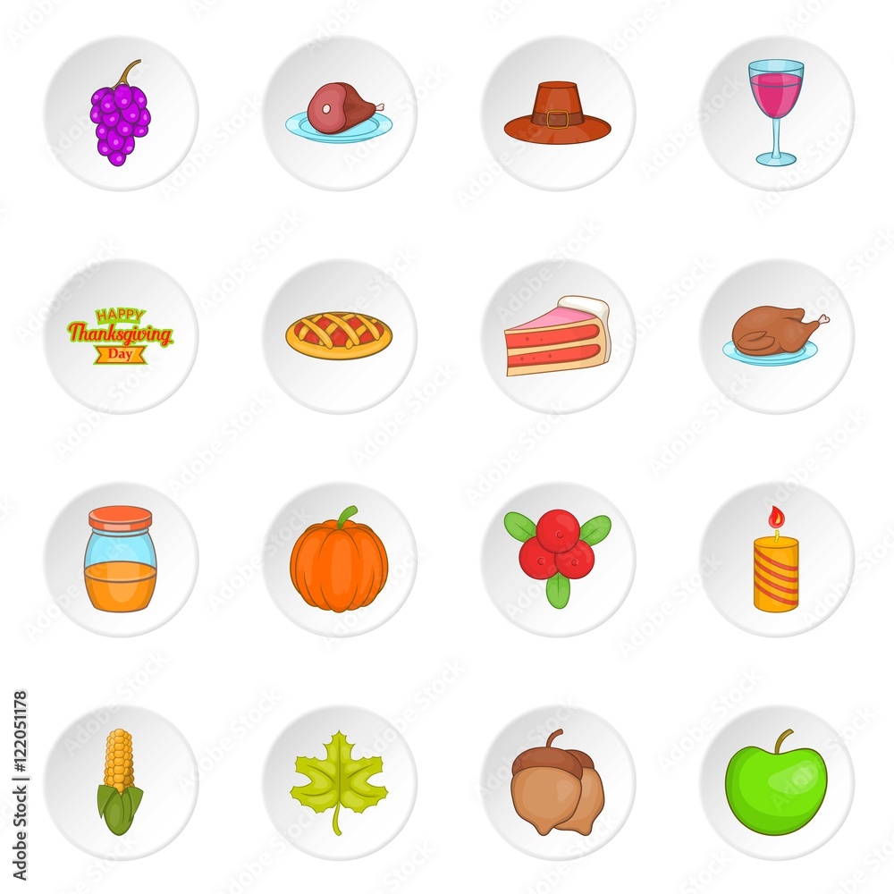 Thanksgiving icons set in cartoon style. Autumn elements set collection vector illustration