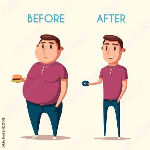 Man before and after sports. Cartoon vector illustration