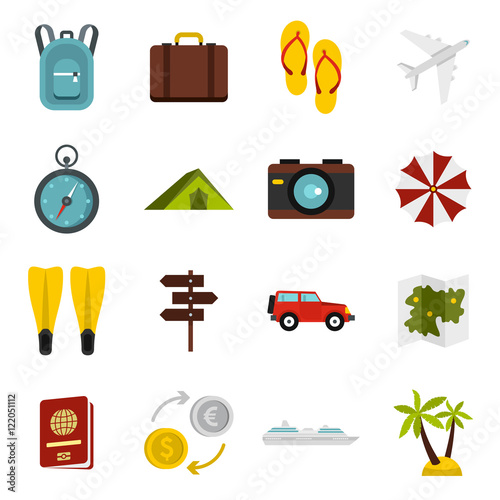 Travel icons set in flat style. Tourism elements set collection vector illustration