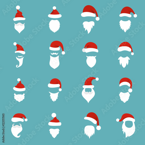 Santa hats, mustache and beards icons set in flat style on a light blue background. Christmas elements set collection vector illustration