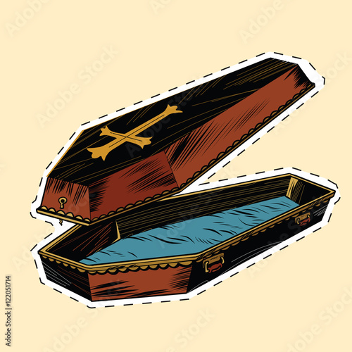 wooden coffin with Christian cross label sticker