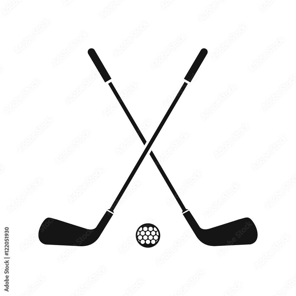 Two crossed golf clubs and ball icon in simple style on a white background vector illustration Two crossed golf clubs and ball icon in simple style on a white background vector illustration