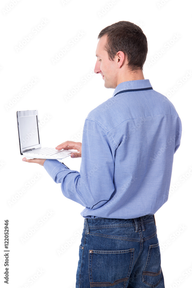 middle aged business man using laptop isolated on white middle aged business man using laptop isolated on white