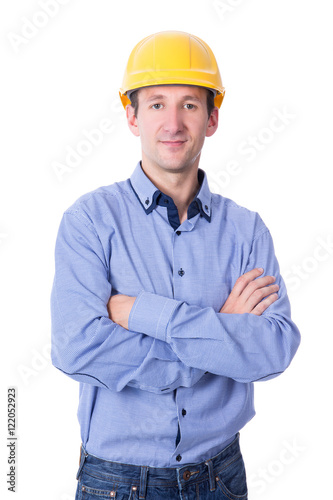 portrait of middle aged handsome business man in yellow builder 