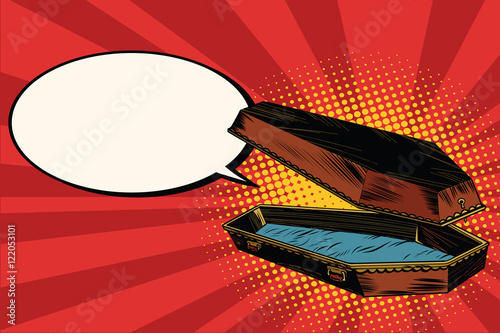 Wooden coffin says comic bubble