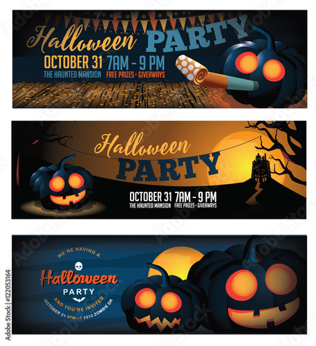 
Halloween party banner collection with pumpkins, bunting and confetti. EPS 10 vector