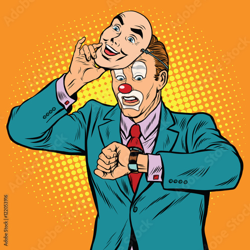 The clown looks at his watch
