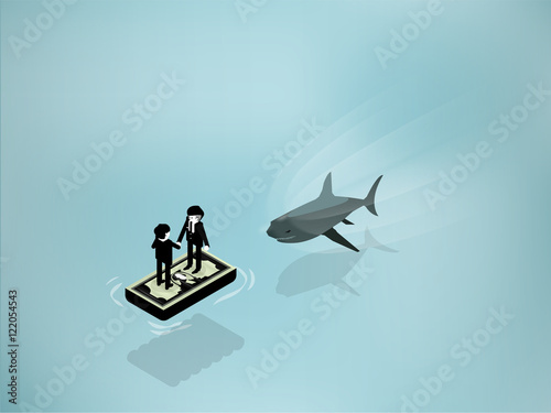 isometric illustration of Shark Attack business man standing on dollar float from the ocean water. Business shark risk and hidden power concept.