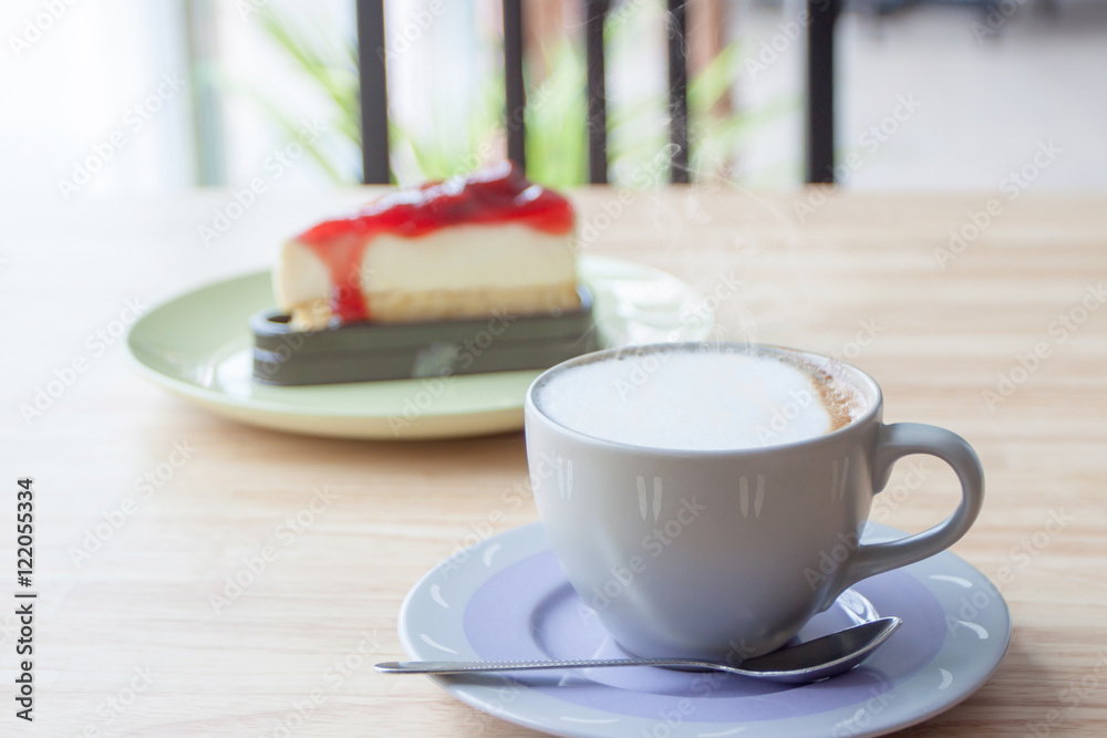 Cappuccino Cake Strawberry berries on a wooden table. Cappuccino Cake Strawberry berries on a wooden table.