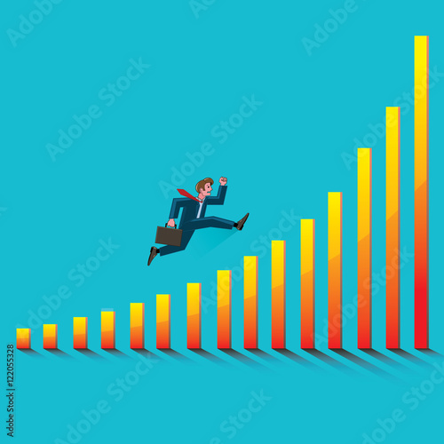 young businessman running up the schedule of increasing success on blue background