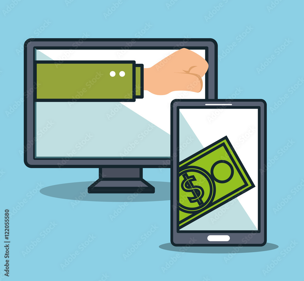 monitor computer with hand and money bill. shopping online theme colorful design. vector illustration monitor computer with hand and money bill. shopping online theme colorful design. vector illustration