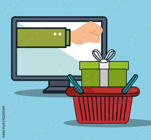 monitor computer and hand with shopping basket with gift box. shopping online theme colorful design. vector illustration