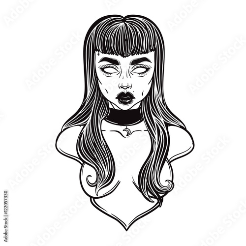 Zombie or vampire Girl Line Art. Hand drawn vector illustration. Black line on white background. Cartoon style. Could be used as design for coloring book or as part of Halloween decor.