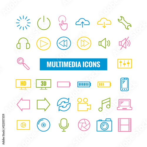 Set of multimedia outline icons. Thin icons for print, web, mobile apps