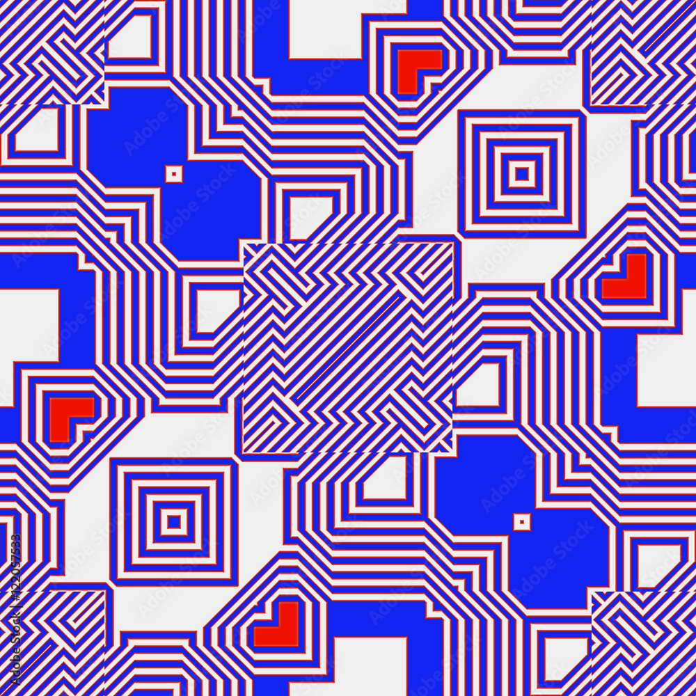 Abstract seamless retro pattern with hearts. Blue and red geometric seamless pattern of contour lines