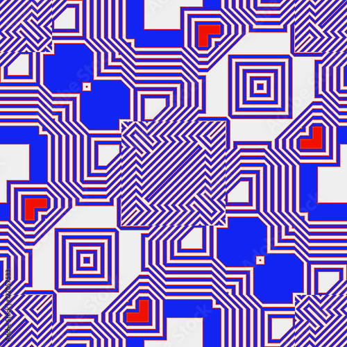 Abstract seamless retro pattern with hearts. Blue and red geometric seamless pattern of contour lines