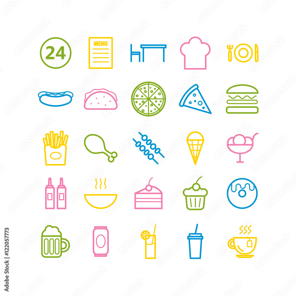 Collection of 25 fast food outline icons. Linear icons for web, print, mobile apps Collection of 25 fast food outline icons. Linear icons for web, print, mobile apps