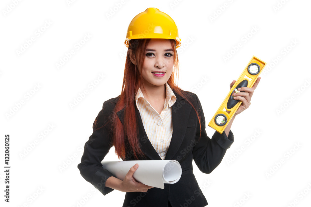 Asian engineer woman with blueprints and level.