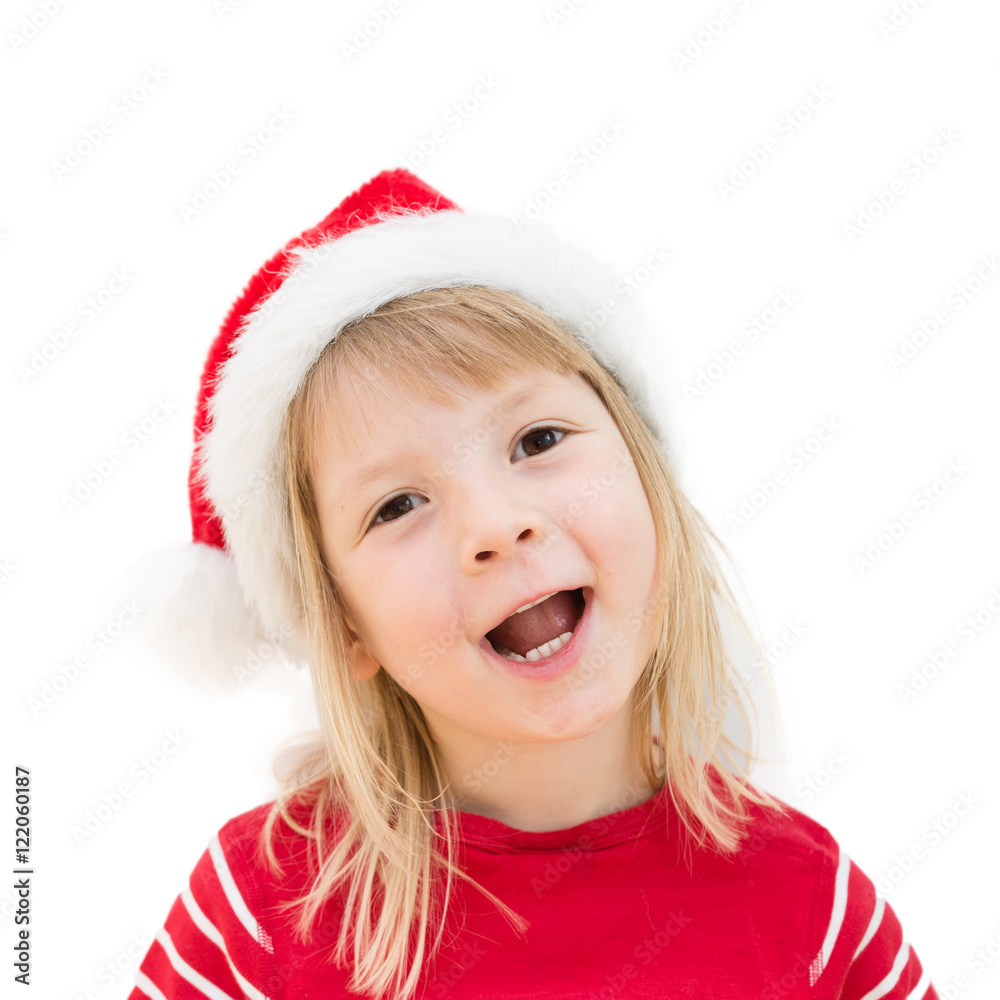 portrait of happy smiling blond girl in preschool age wearing santa claus costume, dressed as christmas elf, child looking satisfied and wicked, isolated on white background portrait of happy smiling blond girl in preschool age wearing santa claus costume, dressed as christmas elf, child looking satisfied and wicked, isolated on white background