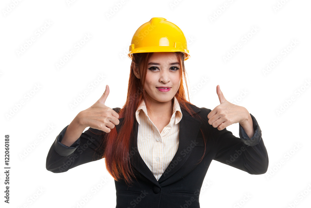 Asian engineer woman thumbs up with both hands. Asian engineer woman thumbs up with both hands.