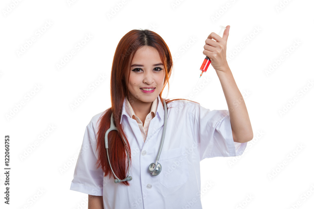 Crazy Young Asian female doctor hold a syringe. Crazy Young Asian female doctor hold a syringe.