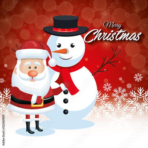 santa claus and snowman christmas card snowflake red background vector illustration