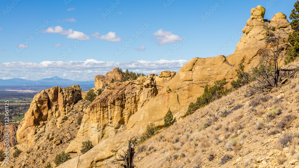 Beautiful landscape of yellow sharp cliffs. Smith Rock state park, Oregon