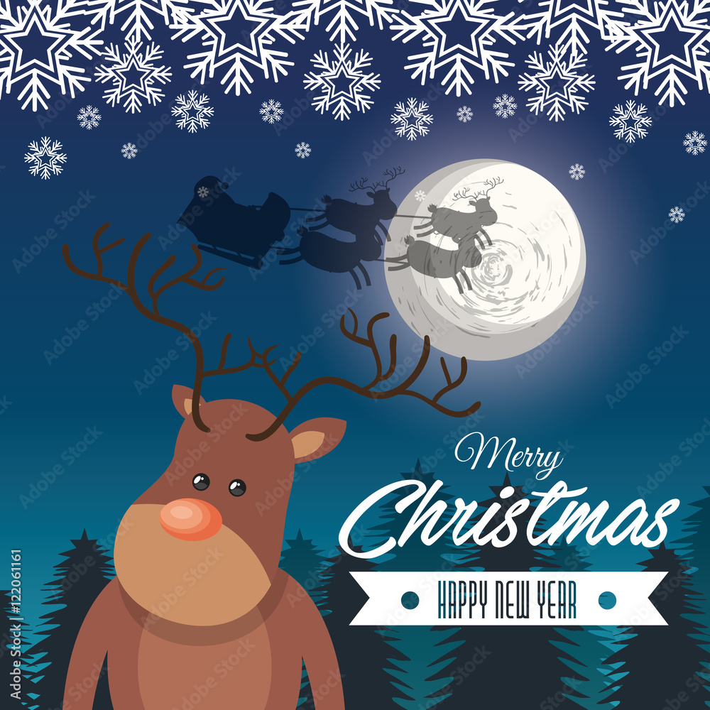 card merry christmas reindeer santa flying sleigh snow design vector illustration
