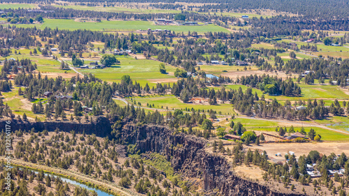 View from above of houses in rural areas. Smith Rock state park, Oregon