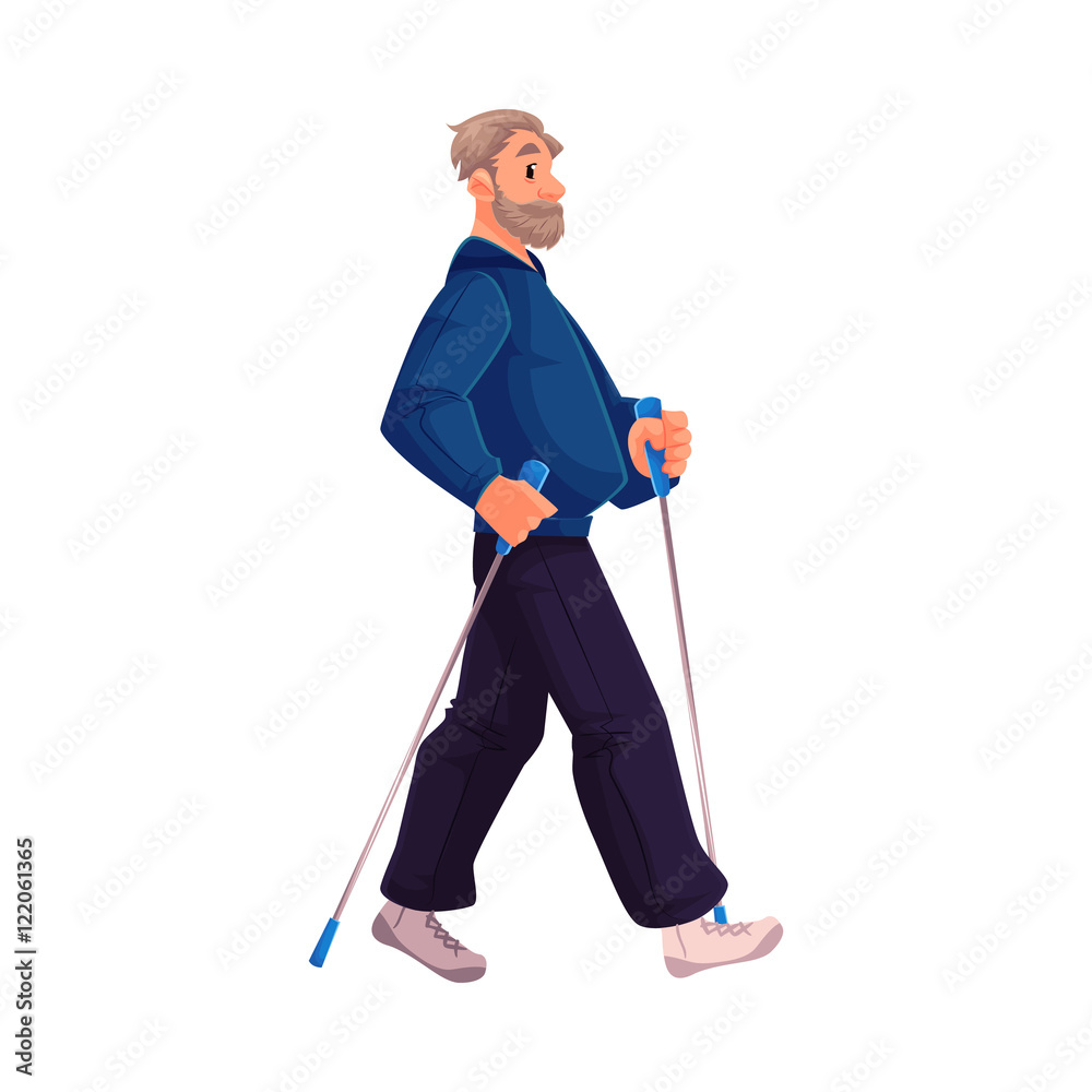 Mature male nordic walker, cartoon style vector illustration isolated on white background. Elder man doing nordic walking, full height portrait, side view. Elder male Nordic walker in sports suit
