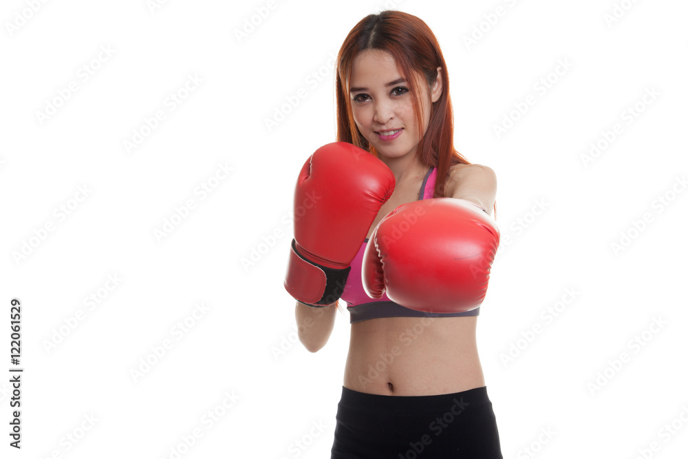 Beautiful healthy Asian girl with red boxing glove. Beautiful healthy Asian girl with red boxing glove.