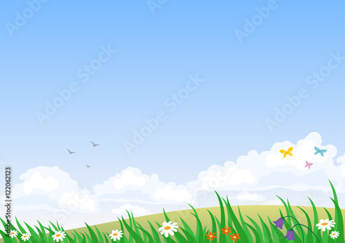 Landscape with summer nature with clear skies, clouds and colors. Vector graphics. Background