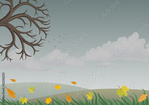 Landscape with autumn nature sky with rain clouds. Vector graphics. Background