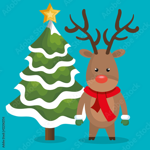 reindeer scarf with christmas tree star and snow blue background vector illustration