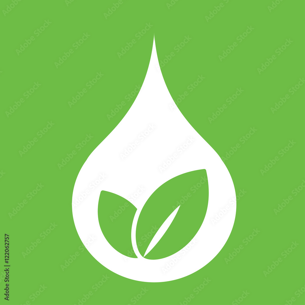 eco bio leaves in drop of water white icon on green background eco bio leaves in drop of water white icon on green background