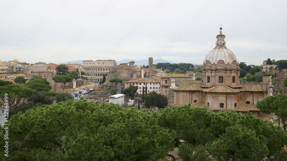 Roman Forum and Coliseum in the distance in Rome, Italy