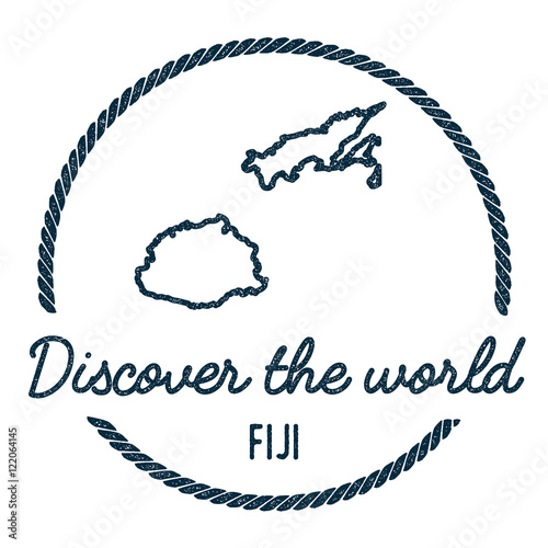 Fiji Map Outline. Vintage Discover the World Rubber Stamp with Fiji Map. Hipster Style Nautical Rubber Stamp, with Round Rope Border. Country Map Vector Illustration.