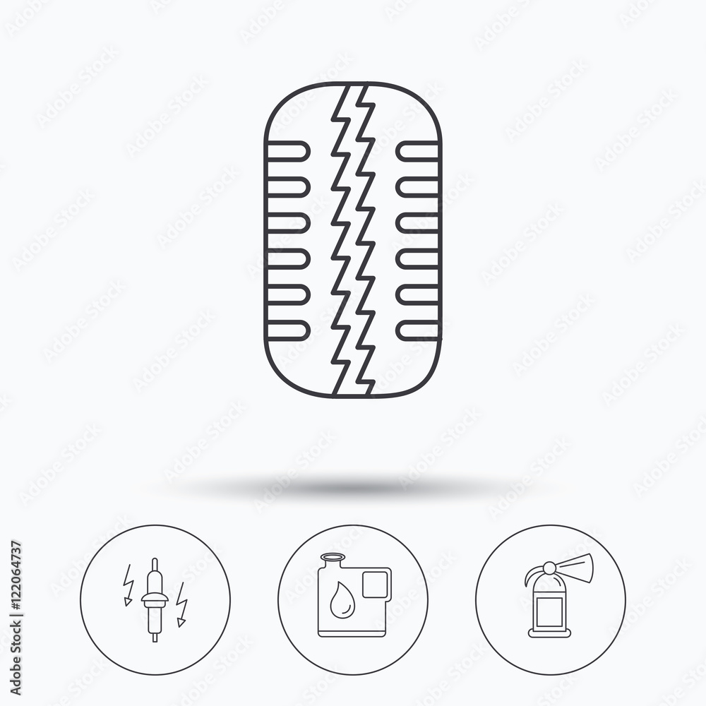 Wheel, fire extinguisher and spark plug icons. Wheel, fire extinguisher and spark plug icons.