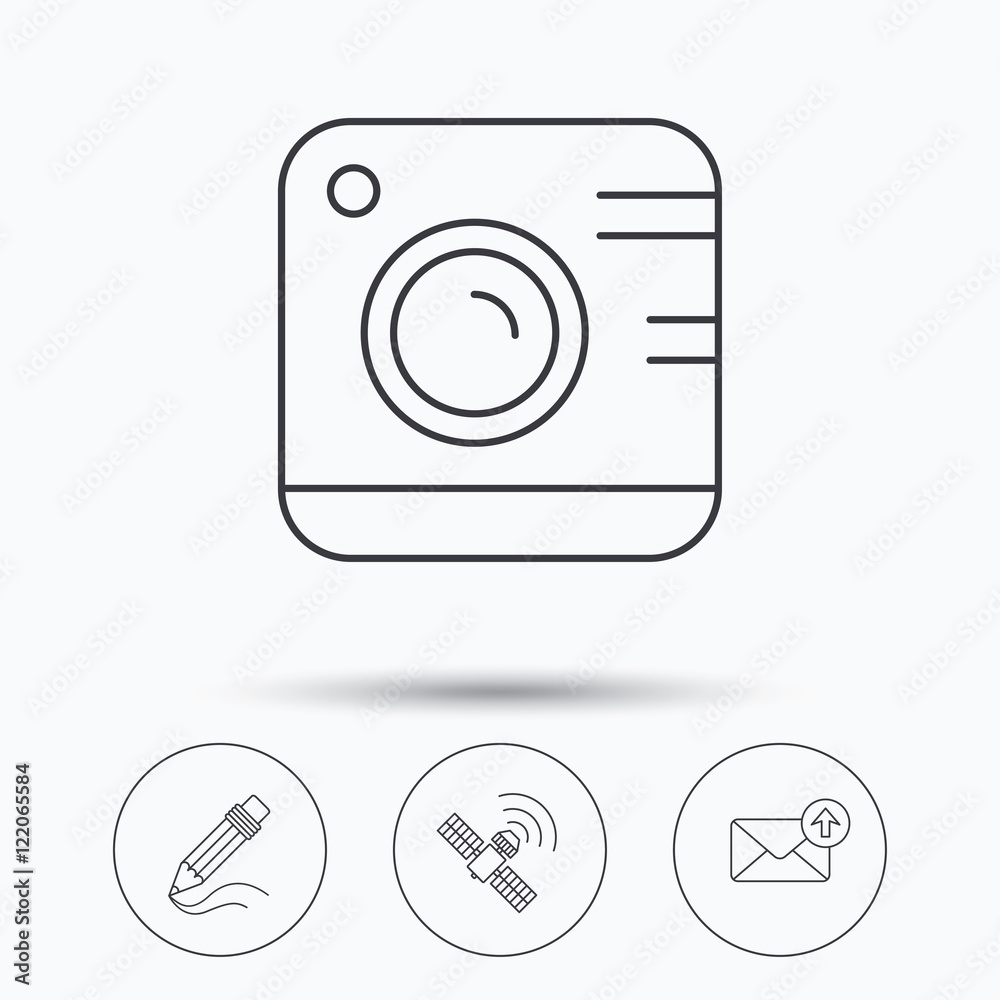 Photo camera, mail and gps satellite icons.