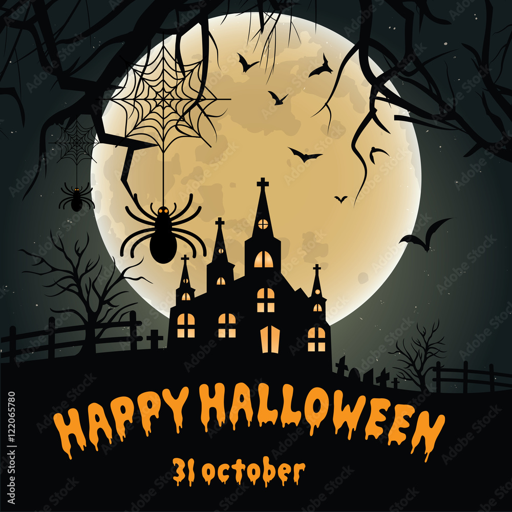 Halloween pumpkins and dark castle on blue Moon background, illu