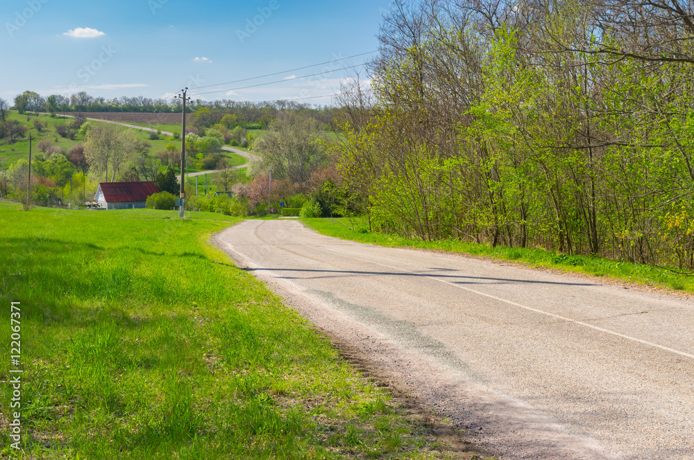 Fototapeta premium Landscape with empty meandering road through small village Petro-Svistunovo in central Ukraine