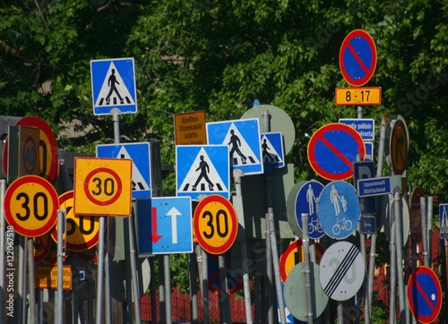 Lots of traffic signs in chaotic order in Finland.