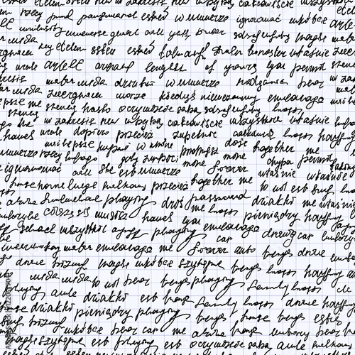 Abstract vector endless seamless texture with handwritten text, words and letters, handwritten on a grid paper