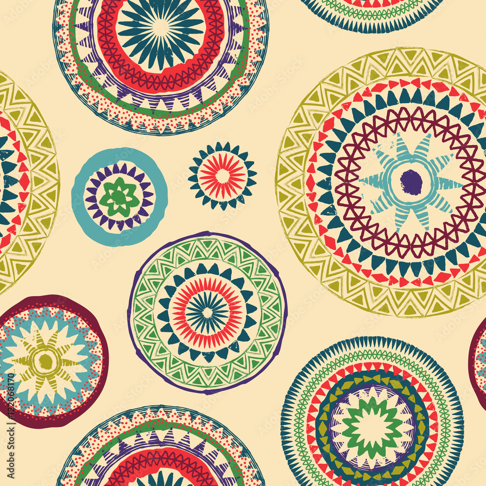 Fototapeta premium Mandala. Abstract round ornament seamless vector pattern. Grunge circles texture