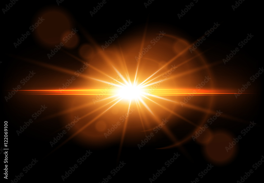 Golden glowing light effect. Lens Flare. Sun flash with rays. Vector illustration - obrazy, fototapety, plakaty 