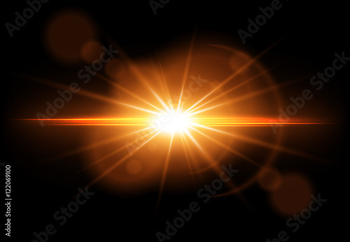 Golden glowing light effect. Lens Flare. Sun flash with rays. Vector illustration