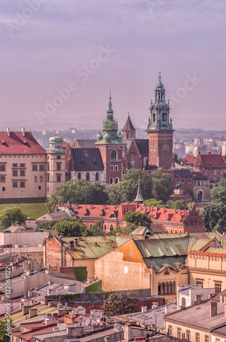 Wawel Castle and Wawel cathedral seen from the Hejnalica tower on sunny day