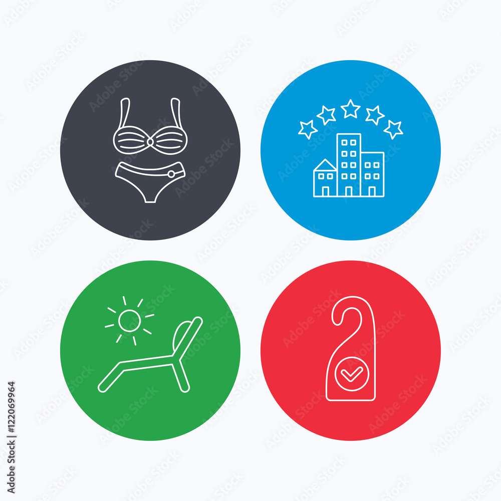 Hotel, lingerie and beach deck chair icons. Hotel, lingerie and beach deck chair icons.