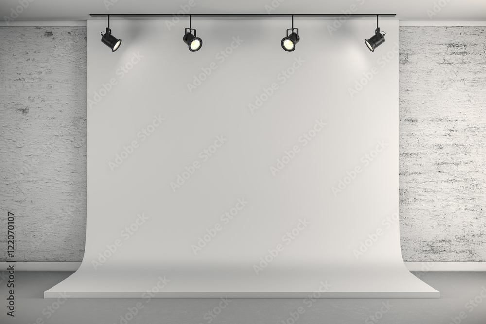 3d studio setup with white canvas background and ceiling lights Stock  Illustration | Adobe Stock