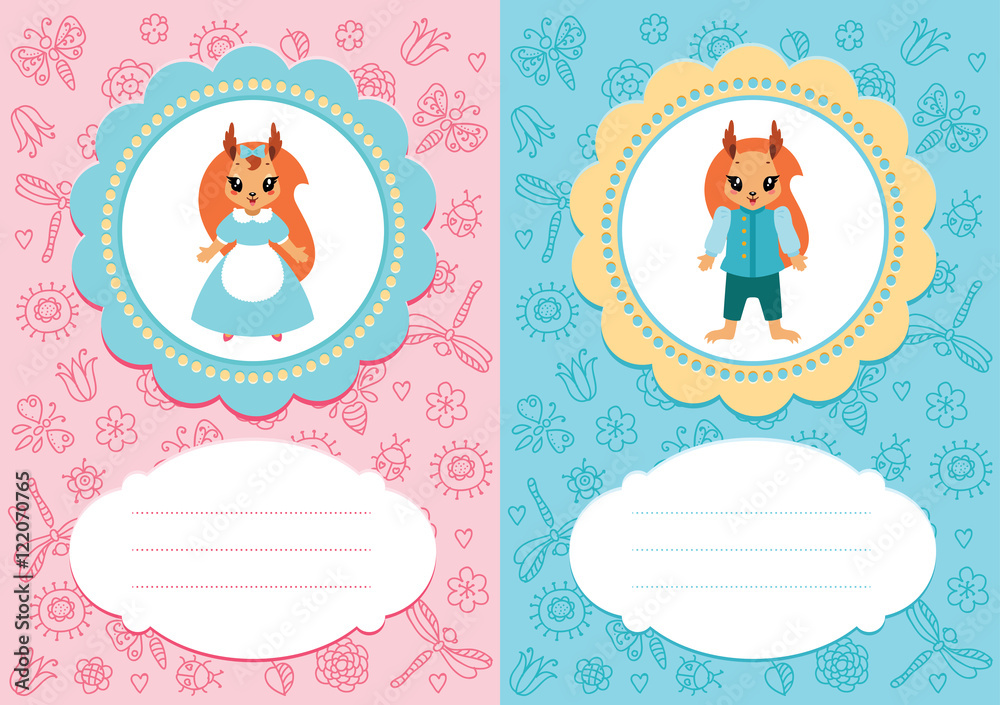 Baby-girl and baby-boy cards with cute little squirrels. Some blank space for your text included.